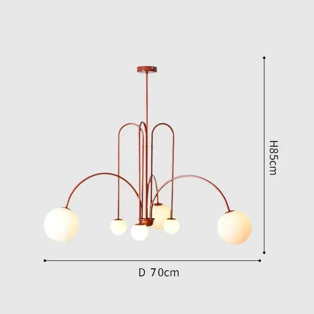 Nordic minimalist pendant light in red copper with white glass globes, 85 cm height, 70 cm diameter