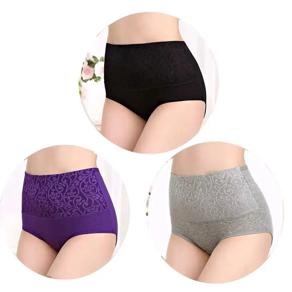 Plus-size high-waist cotton panties set, 3 pieces, by Simples Market in black, purple and gray with lace panels.