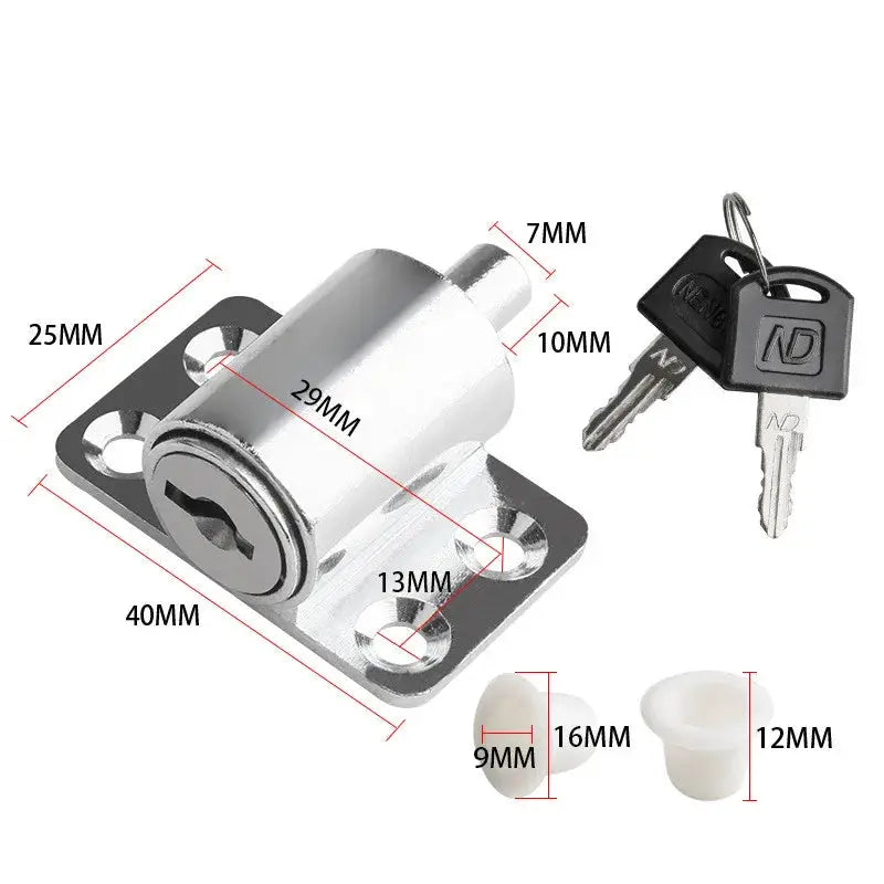 Sliding door lock with 2 keys (ND), silver aluminum alloy body, baby-safety anti-theft protection, Simples Market.