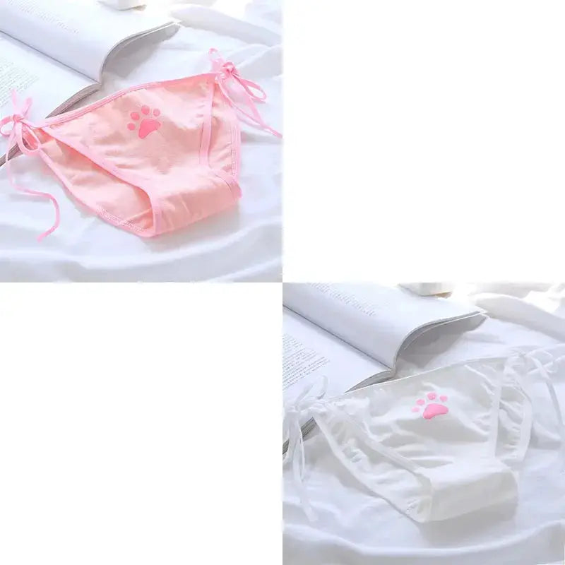 Simples Market 2-piece women's panties set; pink and white low-waist briefs with paw print motif and tie sides