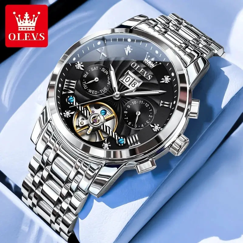 OLEVS 9910 Mens Watch Waterproof Luminous Automatic Mechanical Dual Calendar Date Stainless Steel Band