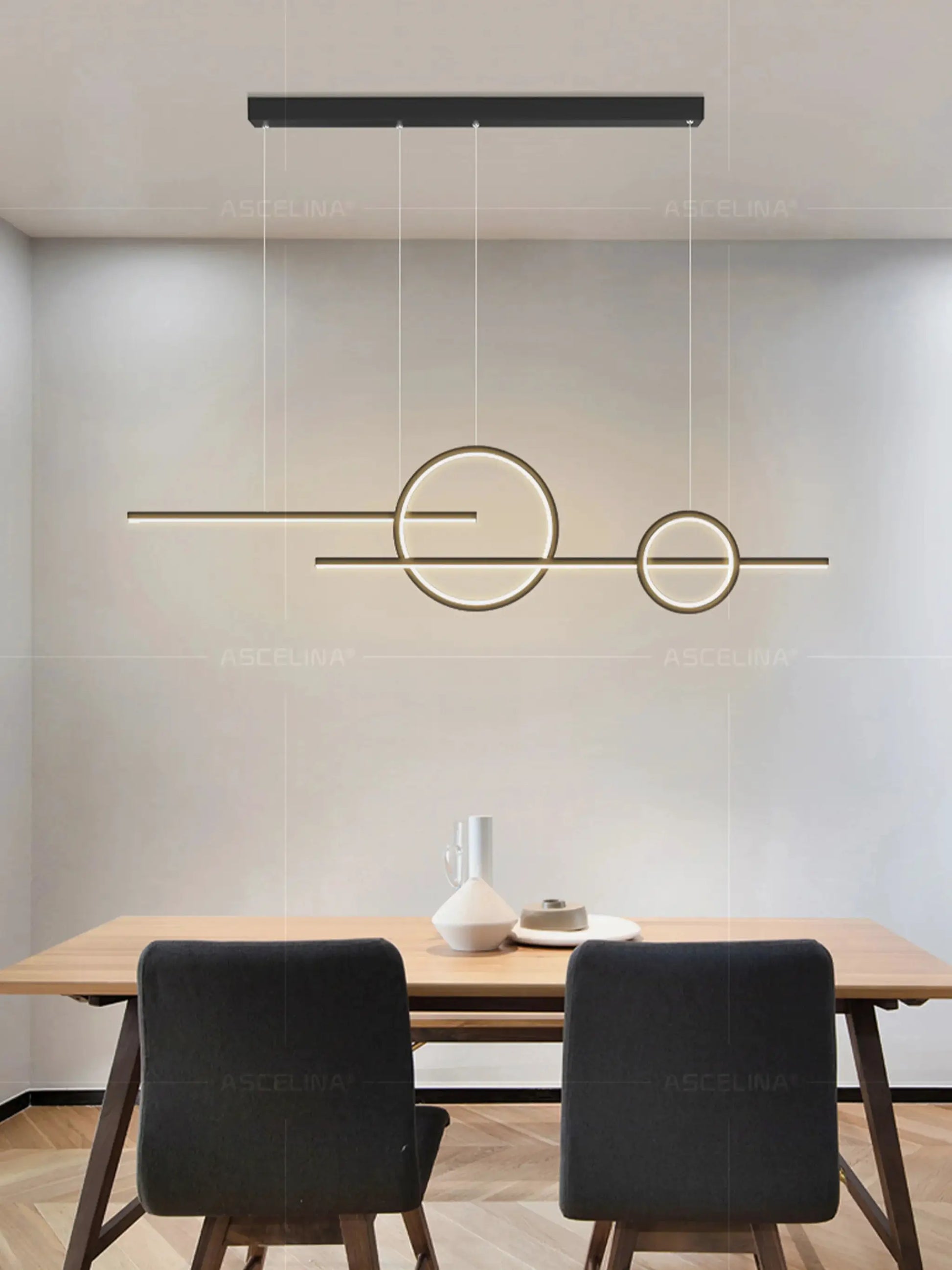 Modern LED chandelier pendant light by Simples Market, black metal, circle-and-bar design with warm LED glow.