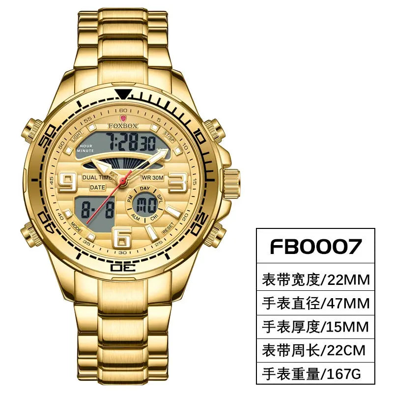FOXBOX FB0007 gold military-style men's sport watch with digital-analog display and stainless steel band