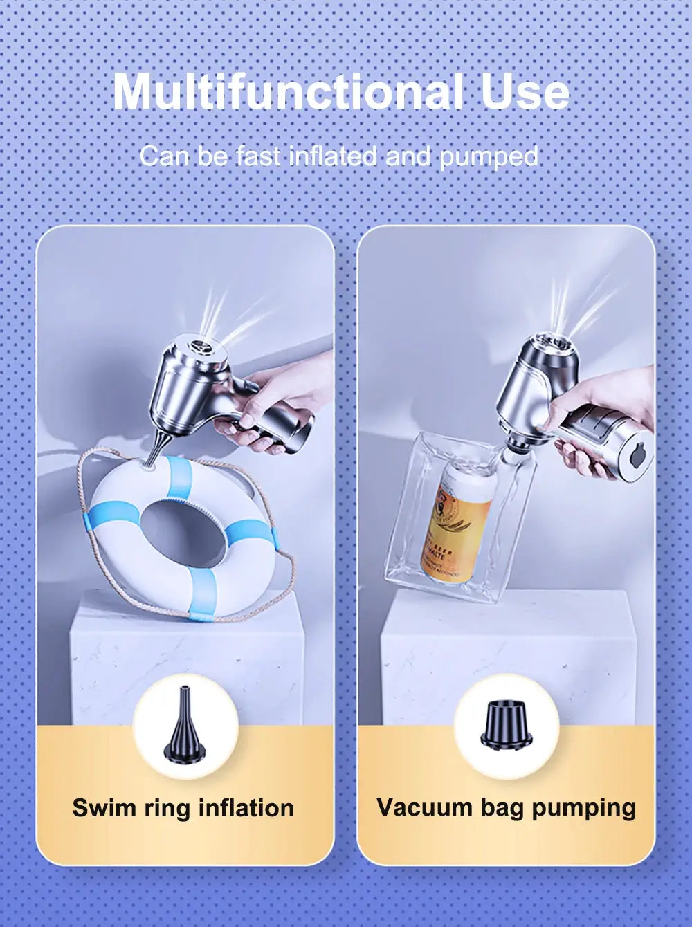 Car vacuum cleaner by Simples Market; wireless handheld with 95000PA suction and inflator/nozzle plus bag-pump.
