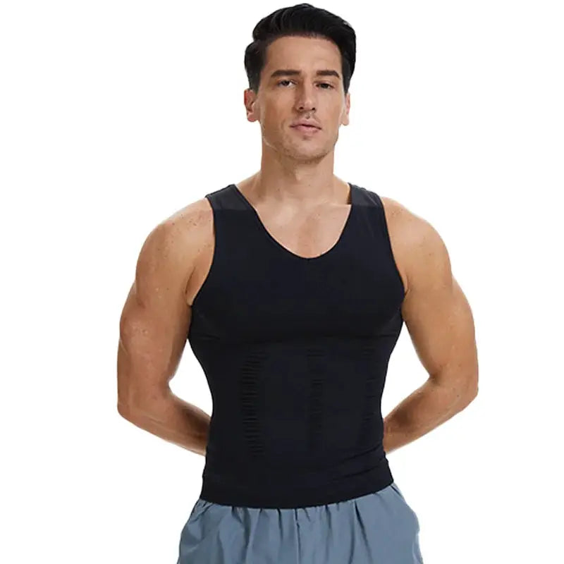 Simples Market men's black compression shirt with tummy-control panels for waist shaping and fitness.