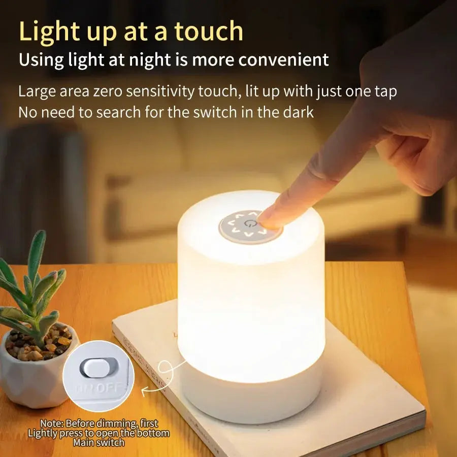 Simples Market bedside LED touch night light, white cylindrical, rechargeable dimmable desk lamp.