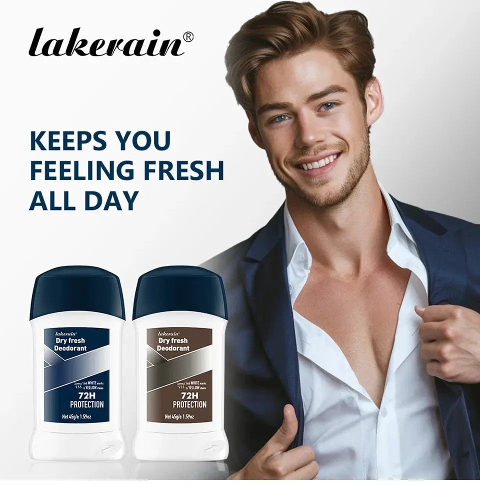 Lakerein Dry Fresh Deodorant for men, two sticks with blue caps, 72H protection.