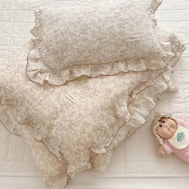 INS Princess 3-piece floral bedding set by Simples Market, gauze 100% cotton with ruffle edges