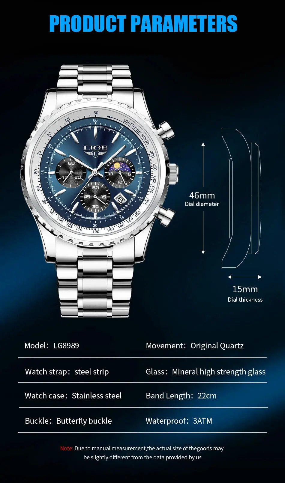 LIGE men's quartz chronograph wristwatch with blue dial and stainless steel band, 46mm dial, 3ATM water resistance