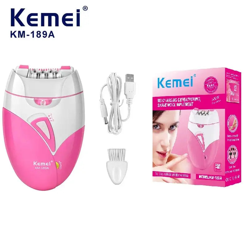 Kemei KM-189A pink women's epilator with USB charging, including charging cable and attachments beside its box
