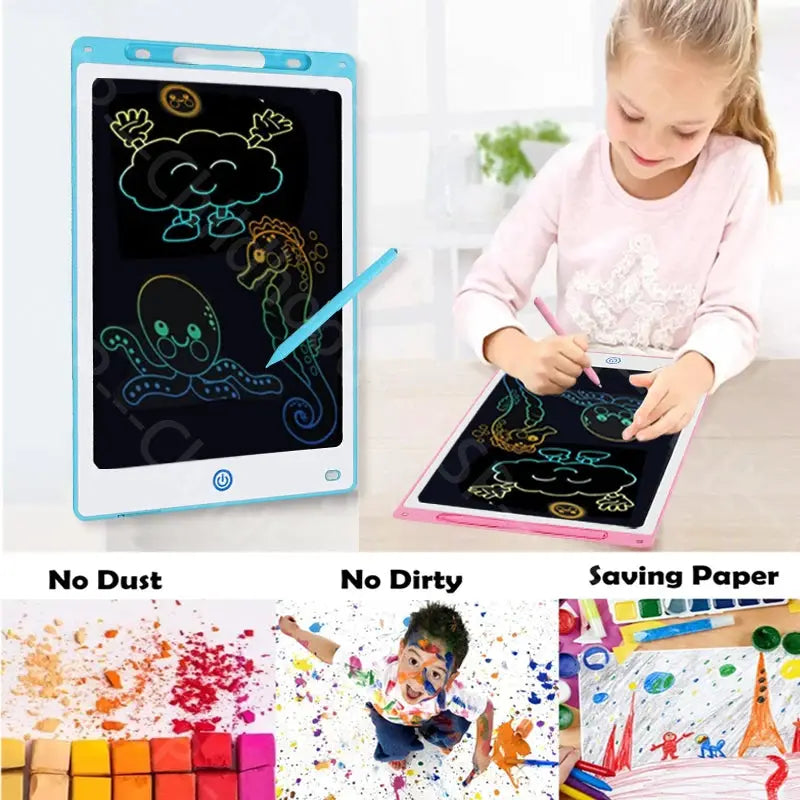 LCD drawing tablets for kids by Simples Market, blue and pink frames with stylus, two units