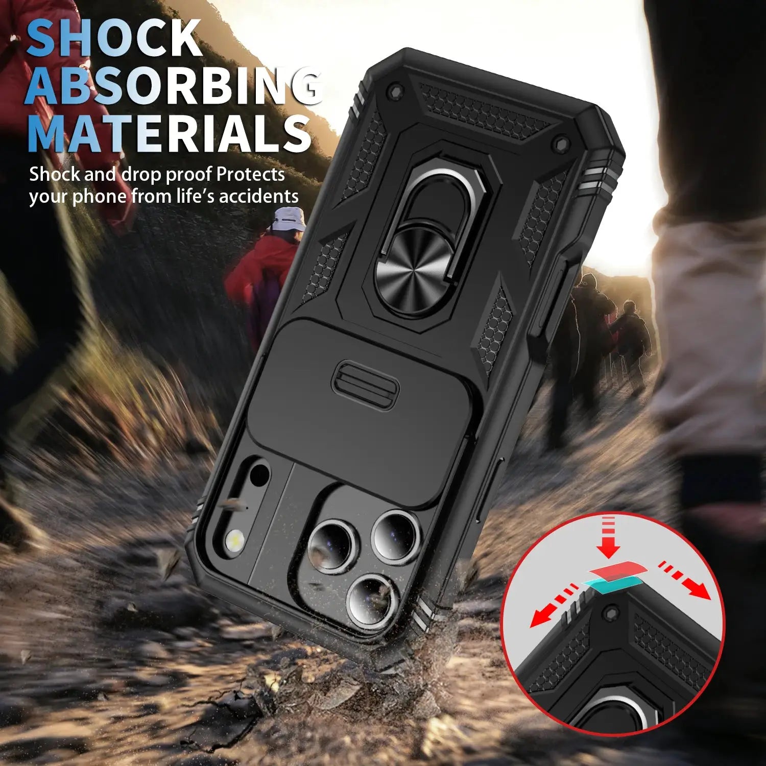 iPhone rugged case by Simples Market with 360° rotating kickstand, heavy-duty, black