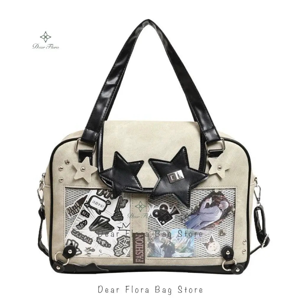 Y2K star ita bag by Simples Market; beige canvas crossbody with black straps and transparent front pocket.