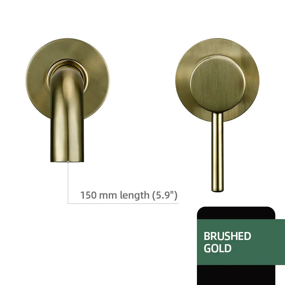 Basin faucet wall-mounted bathroom mixer tap in brushed gold with single lever, 150mm reach.