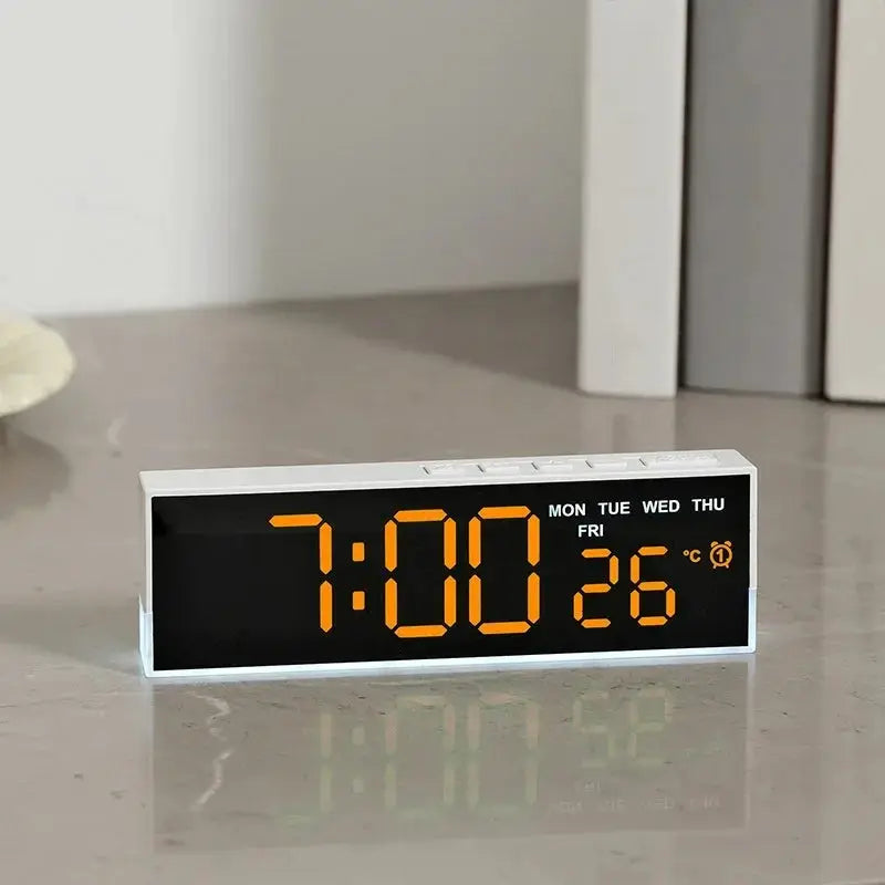 USB powered digital alarm clock in white with large orange LED time display and date/temperature indicators