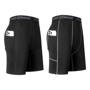 Men's black compression shorts with pocket; quick-dry breathable stretch fabric for cycling and gym