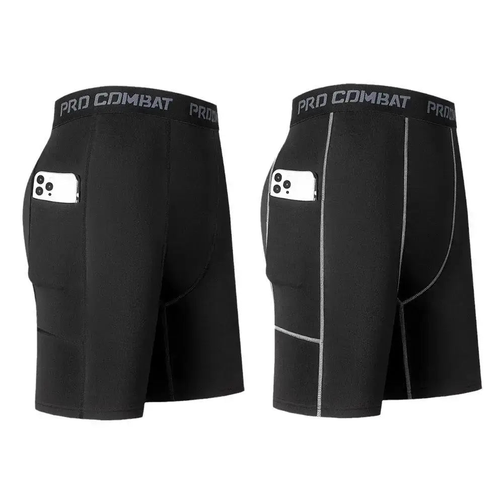 Men's black compression shorts with pocket; quick-dry breathable stretch fabric for cycling and gym