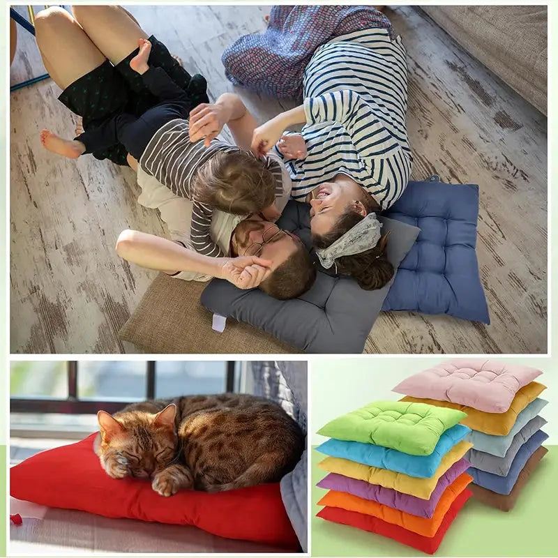 LMETJMA chair pads by Simples Market; gray and blue square dining cushions with ties, plus colorful floor pillows.