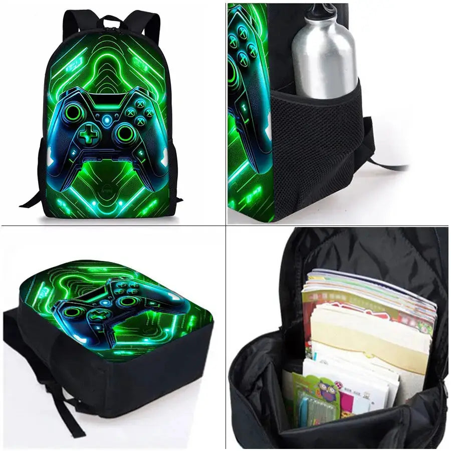 Game console pattern backpack for kids with neon green/blue controller print and side mesh pocket