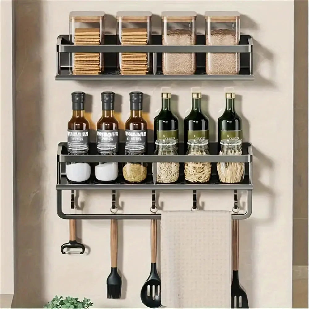 Simples Market multi-function wall-mounted seasoning rack with rod and utensil hooks, gray metal.
