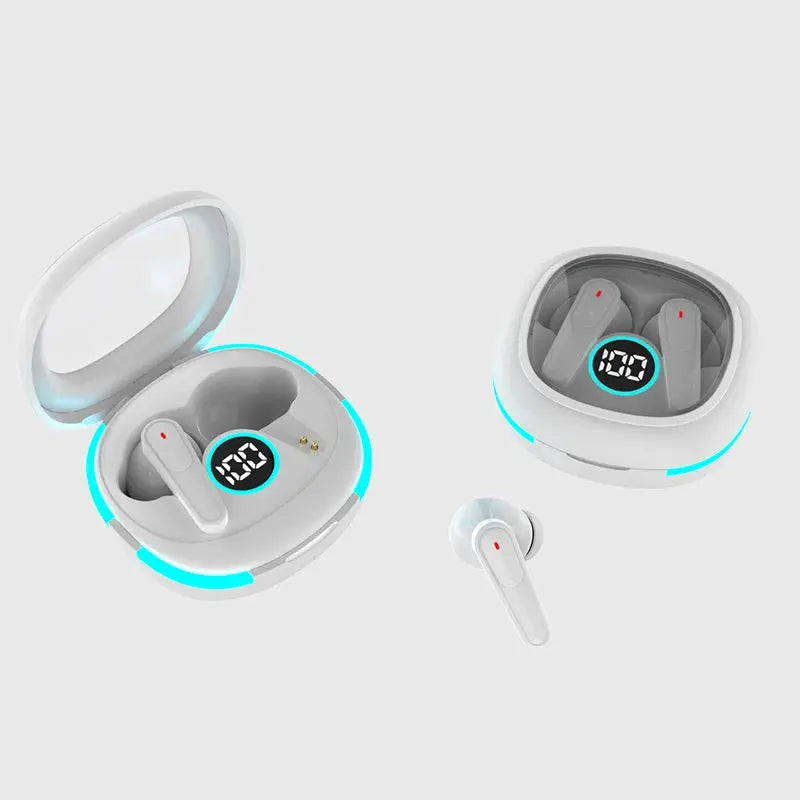 Plus50 ANC+ENC true wireless earphones in a white charging case with LED digital display