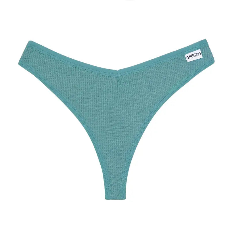 Teal waffle-knit cotton thong underwear for women with Fineto label