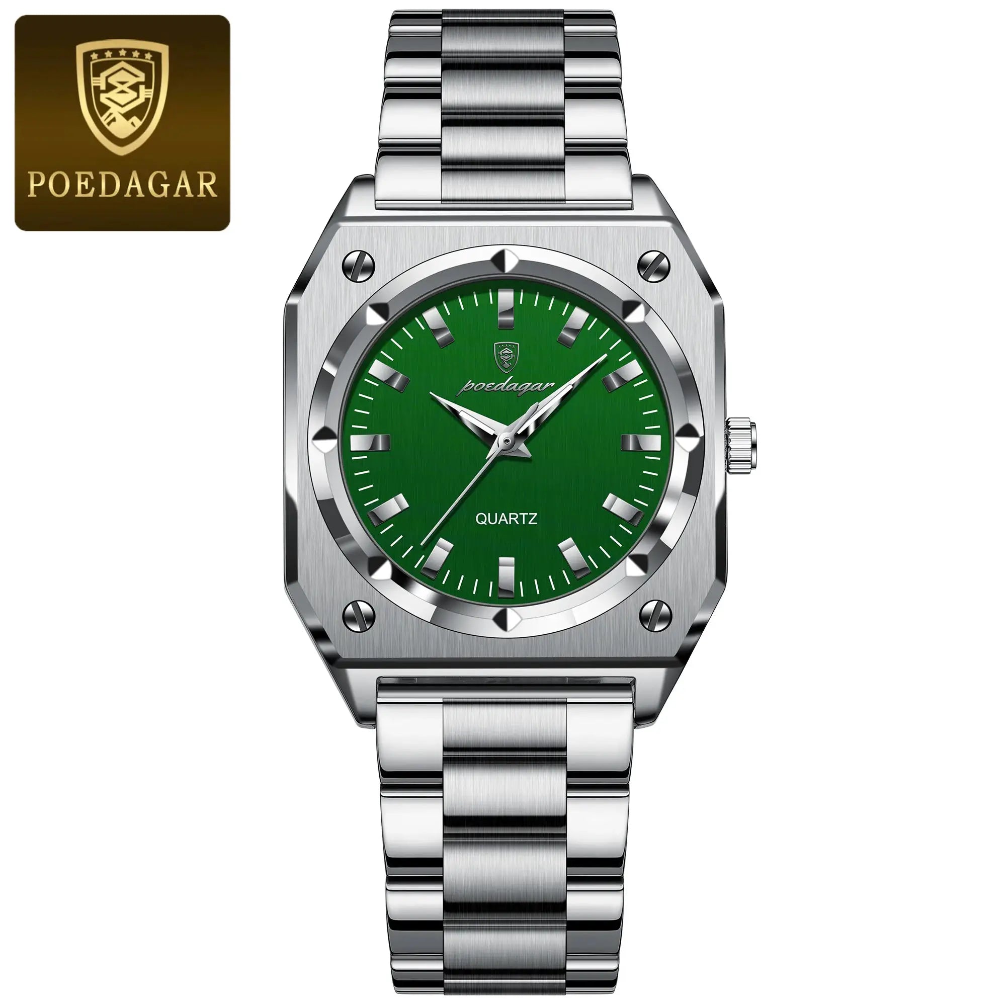 POEDAGAR stainless steel ladies wristwatch with green dial and waterproof quartz movement