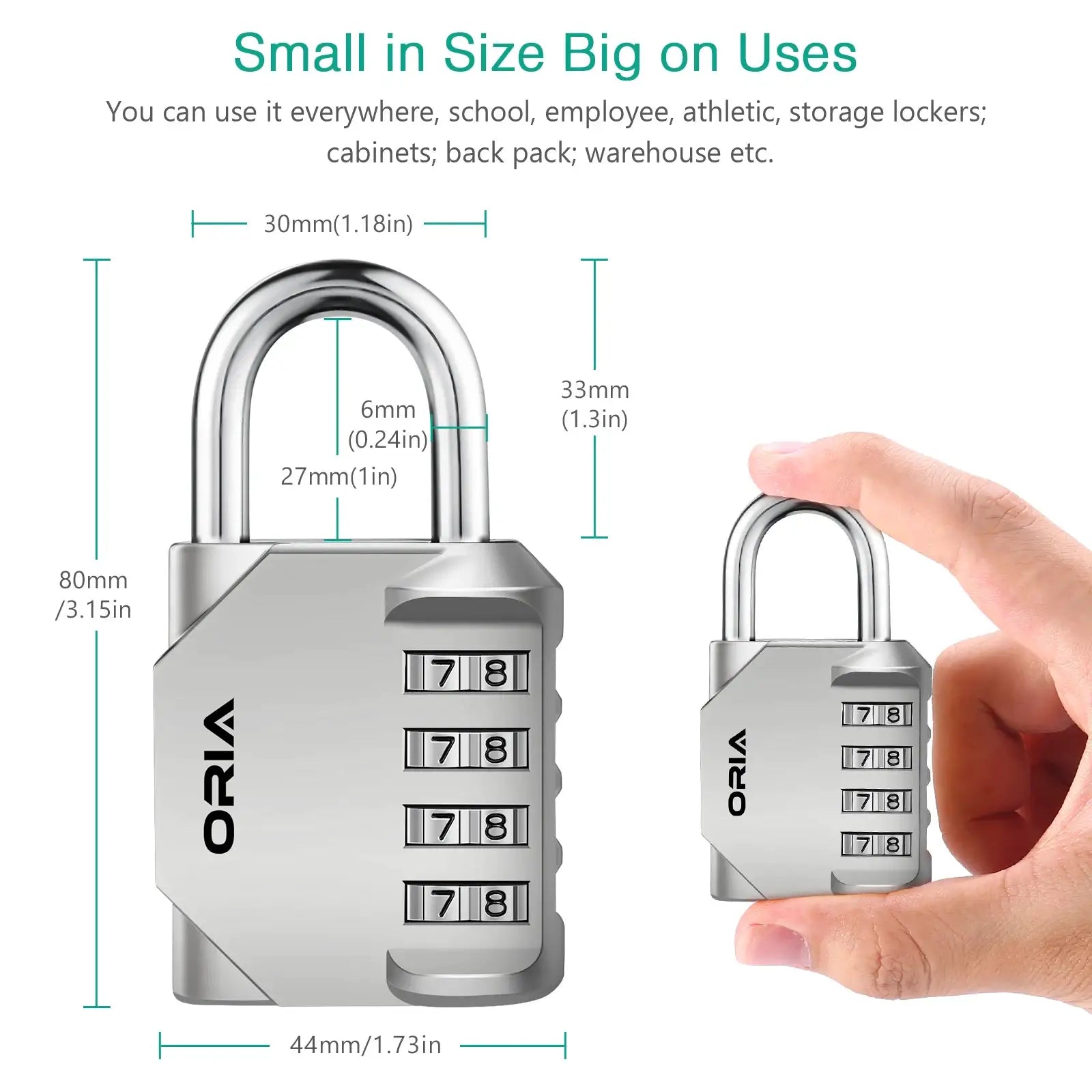 ORIA 4-digit combination padlocks, 2-piece silver metal waterproof outdoor locks