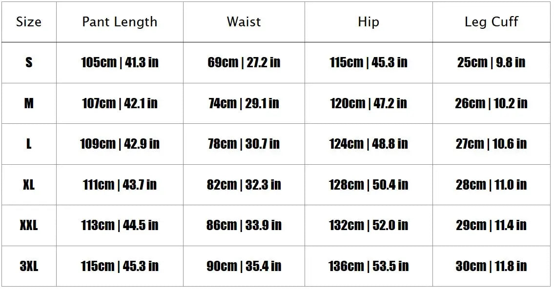 Simples Market autumn drawstring zipper sweatpants size chart with waist, hip, pant length and leg cuff by size S to 3XL