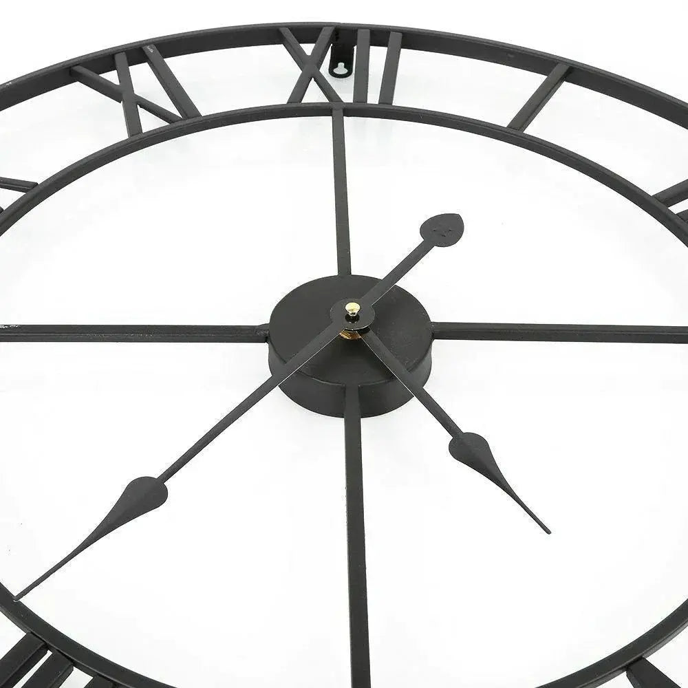 Modern 3D wall clock with Roman numerals, round black metal frame and visible hands