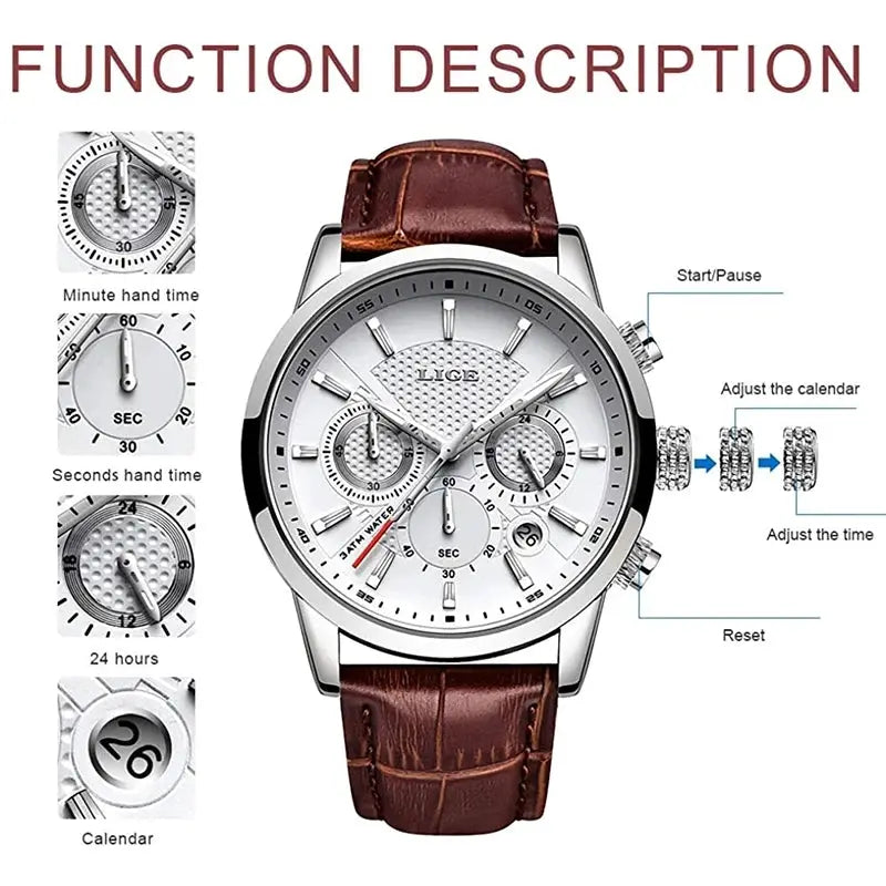 LIGE 2025 Mens Fashion Sports Quartz Watch Leather Strap Waterproof Date Stainless Steel Case
