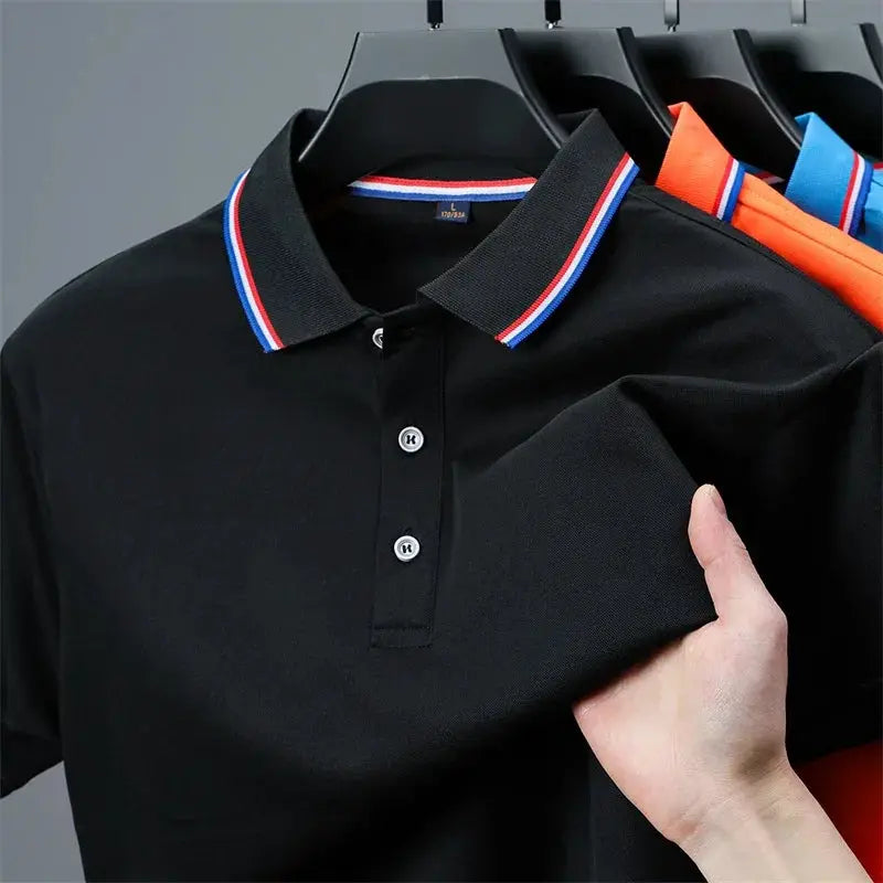 Men's polo shirt by Simples Market; black solid short-sleeve polo with red, white and blue striped collar, set of 4 on hangers