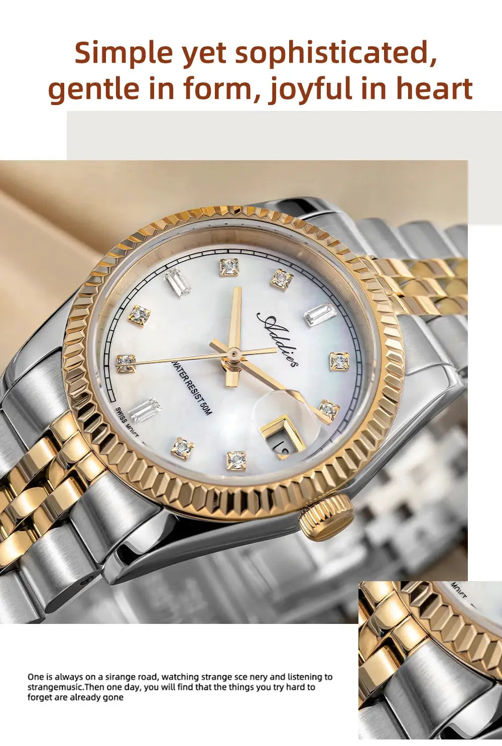ADDIES luxury women's watch, 28mm, two-tone stainless steel with gold bezel, mother-of-pearl dial with diamond markers