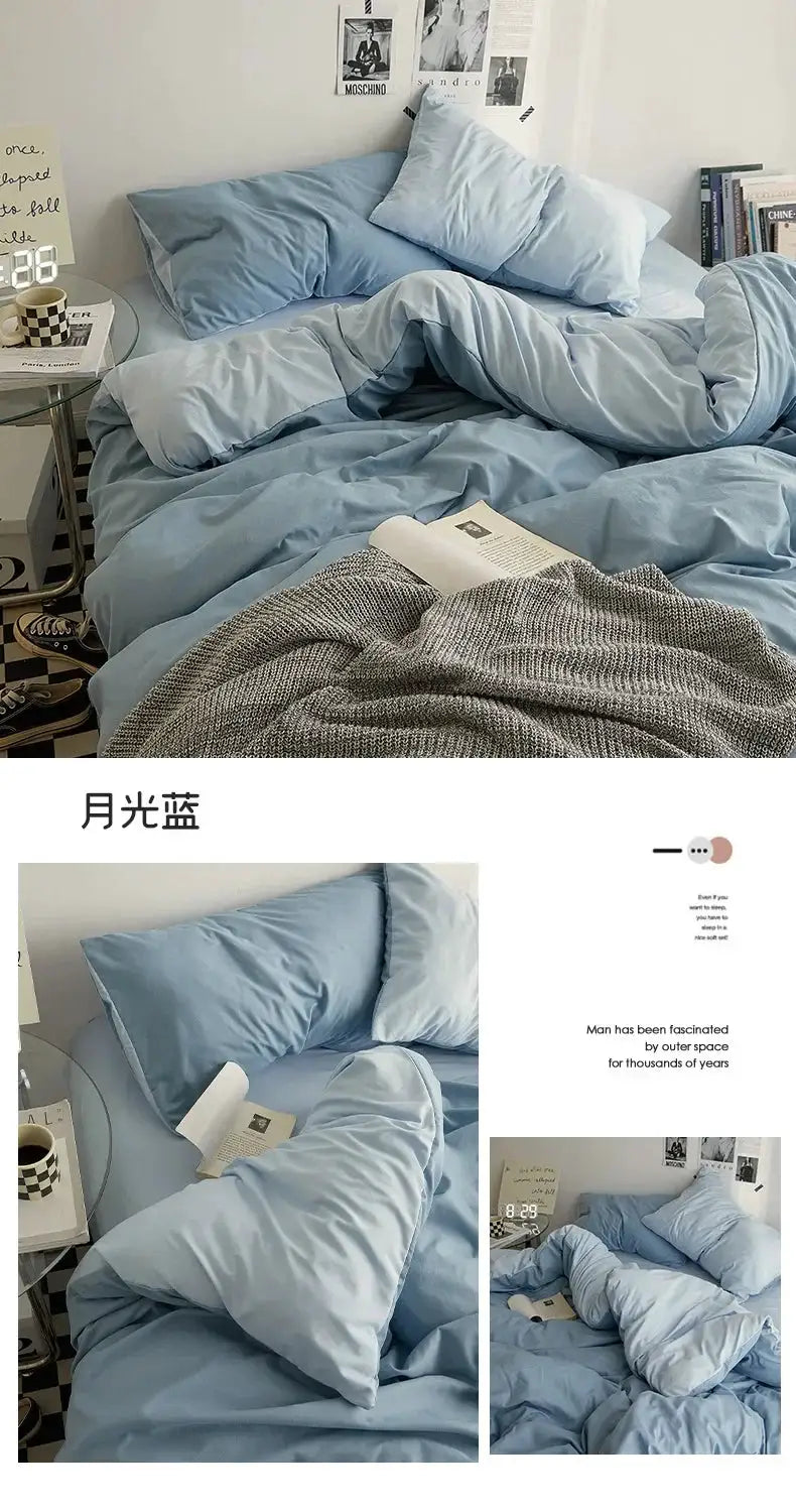 Duvet set Moonlight blue solid double-washed cotton bedding for dorm beds