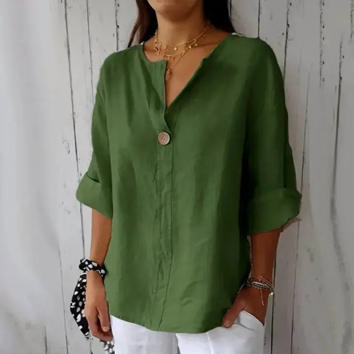 Green loose-fit women's cotton-linen blouse with V-neck and 3/4 sleeves