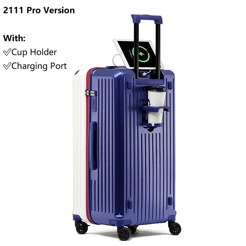 Carry-on luggage by Simples Market, blue hard-shell with cup holder and USB charging port
