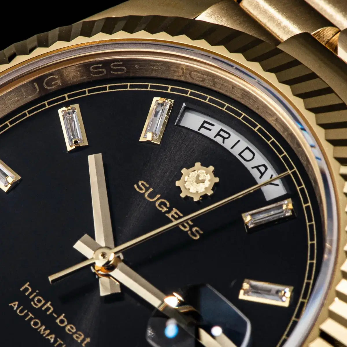 Sugess men's gold-tone 40mm wristwatch with black dial, day/date window, sapphire glass