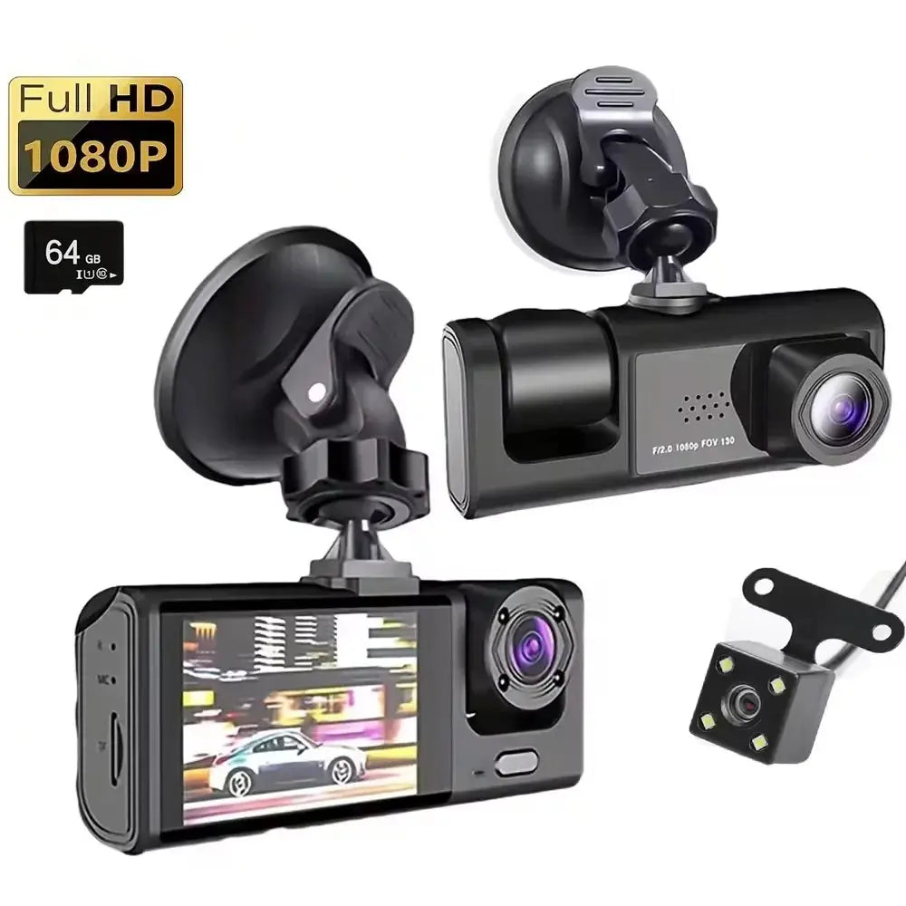 Simples Market dash cam with IR night vision, 1080P, 2-inch IPS screen, 3-camera DVR with front and rear mounts