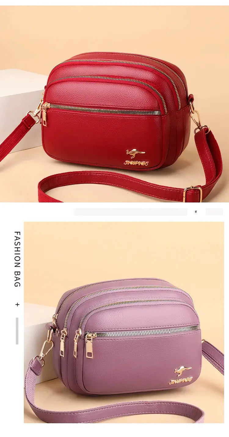 High quality soft leather purse by Simples Market, red and lilac crossbody bags with multiple zip pockets.