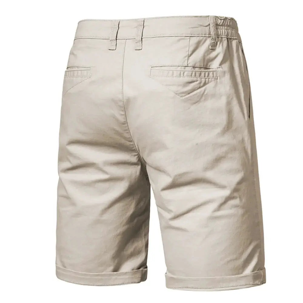 Men's beige 100% cotton shorts with elastic waist, belt loops and back welt pockets