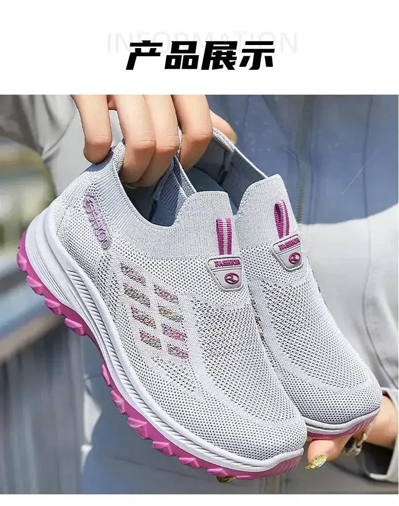 Breathable mesh slip-on athletic shoes with pink outsole, gray lightweight sneakers for running and hiking