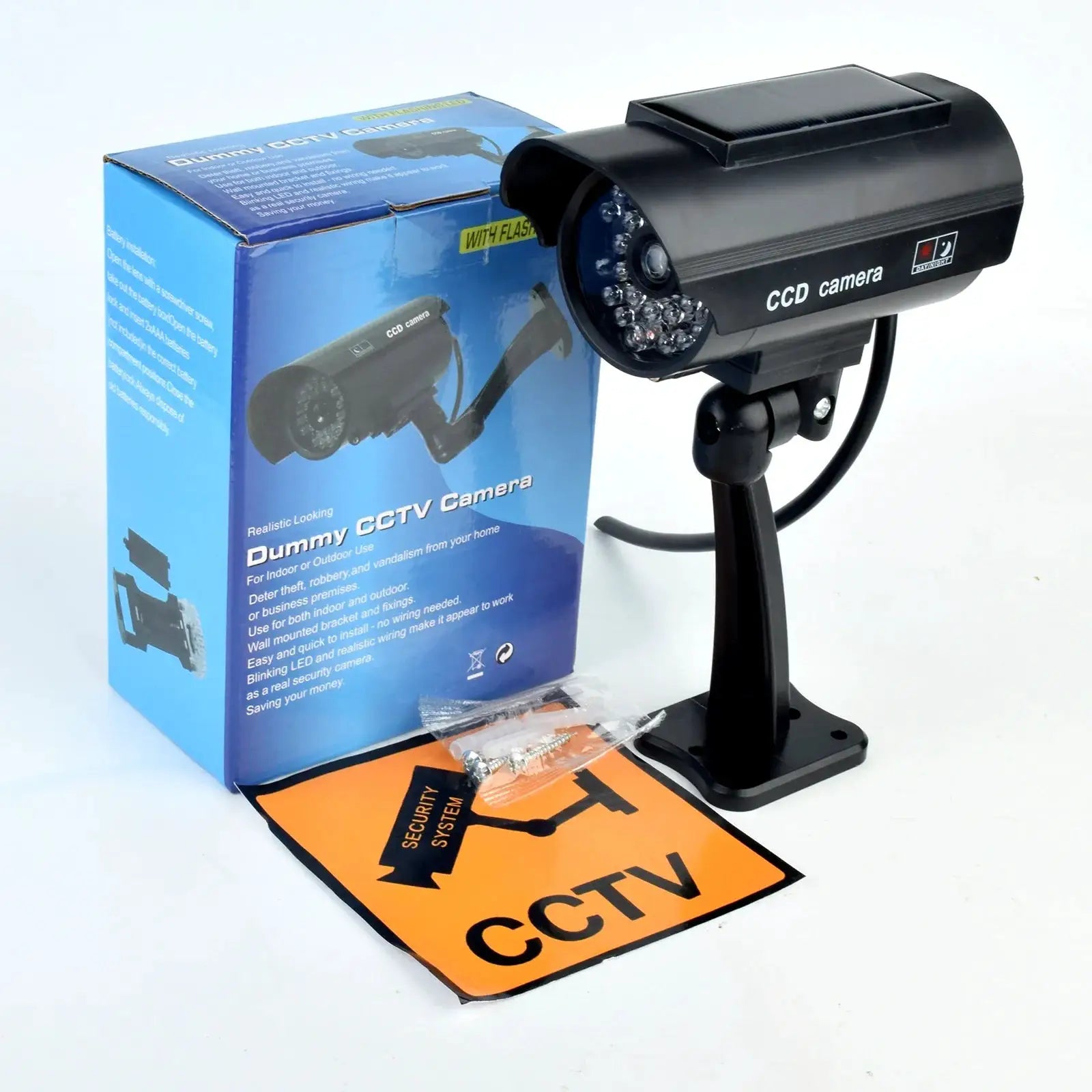 ALARMEST fake CCTV camera by Simples Market on a stand with red LED, waterproof dummy security cam for outdoor use