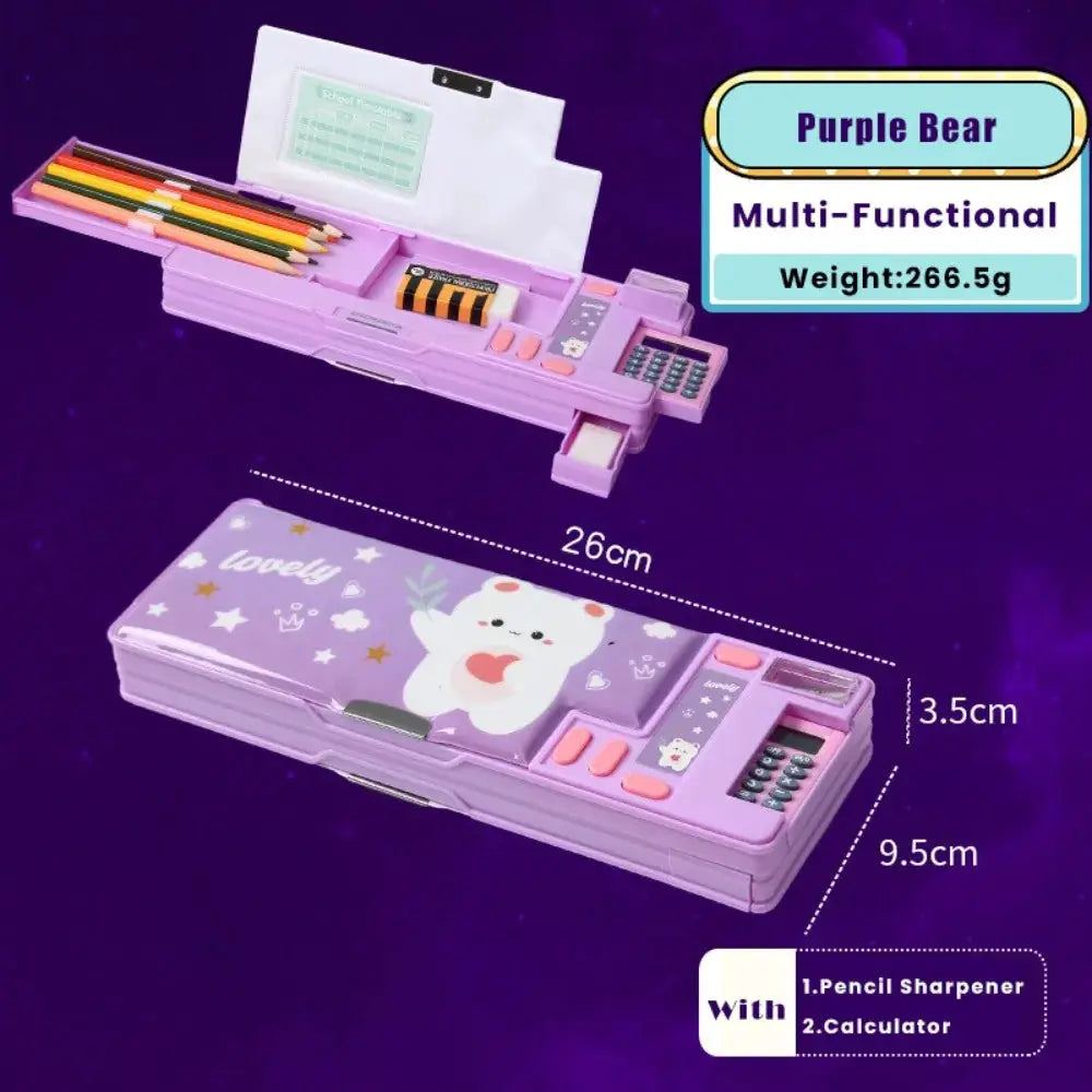Plastic purple pencil case with built-in calculator and pencil sharpener, double-sided