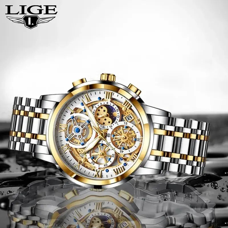 LIGE men's skeleton dial chronograph watch with silver-gold stainless steel bracelet