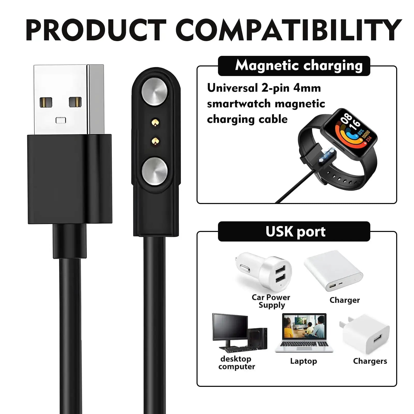 Magnetic smartwatch charging cable by Simples Market; USB-A to universal 2-pin 4mm magnetic connector.