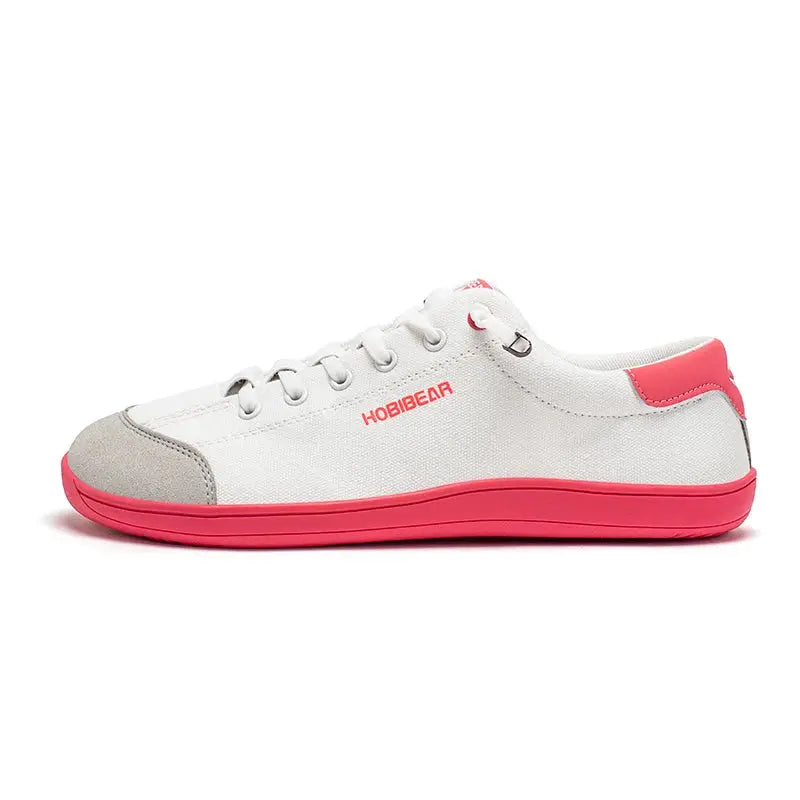 HOBIBEAR wide-toe barefoot canvas sneakers, white with pink outsole and heel patch, lace-up