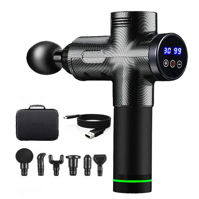 Simples Market fascial massage gun with carbon fiber finish, digital display, 8 interchangeable heads, USB cable and carrying case