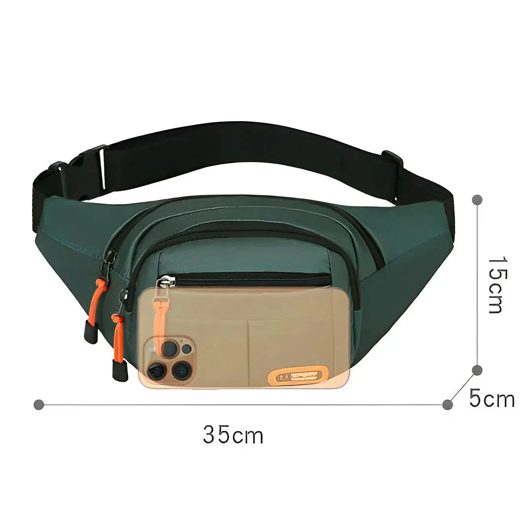 Oxford Waterproof Mobile Waist Bag by Simples Market, green with beige pocket and orange zippers, unisex fanny pack.