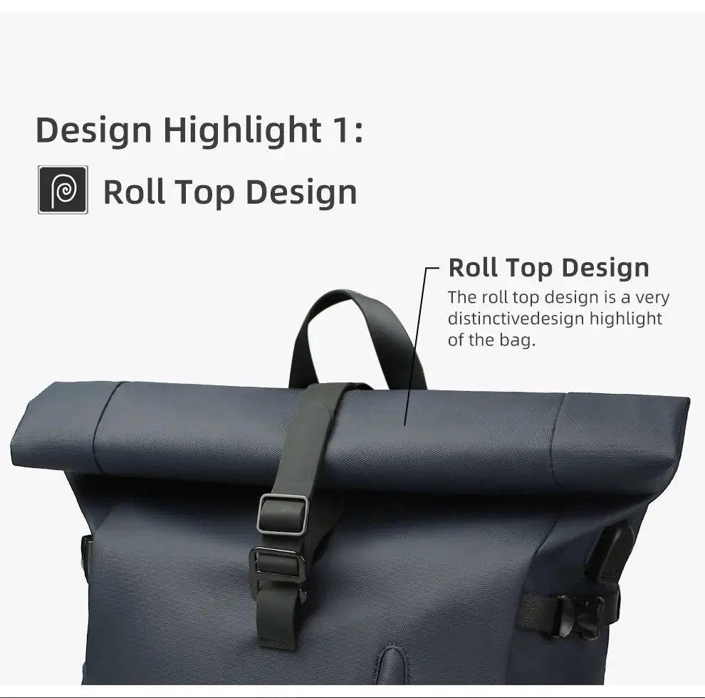 Simples Market HK Large 15.6-Inch laptop backpack in navy, roll-top design with buckle strap