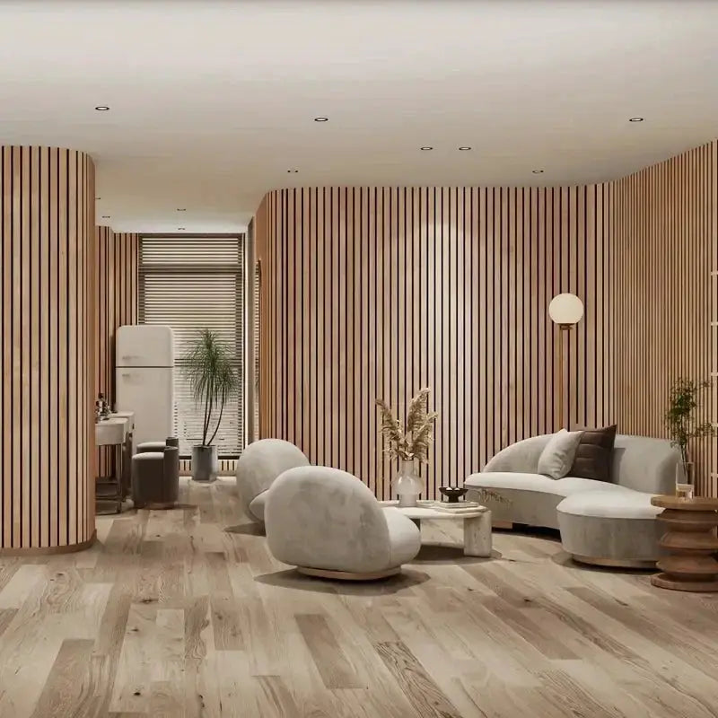 Extra Thick 3D Retro Wood Grain self-adhesive wallpaper in warm brown tones on wall panels in a contemporary living room.